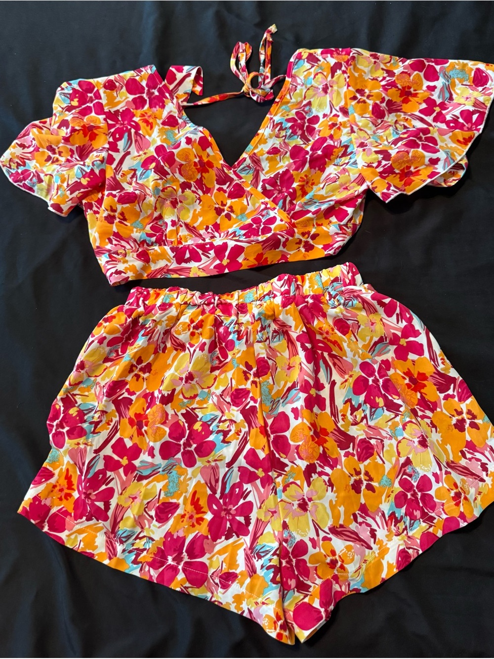 SHEIN Pink Orange Floral Two-Piece Crop Top & Shorts Set
